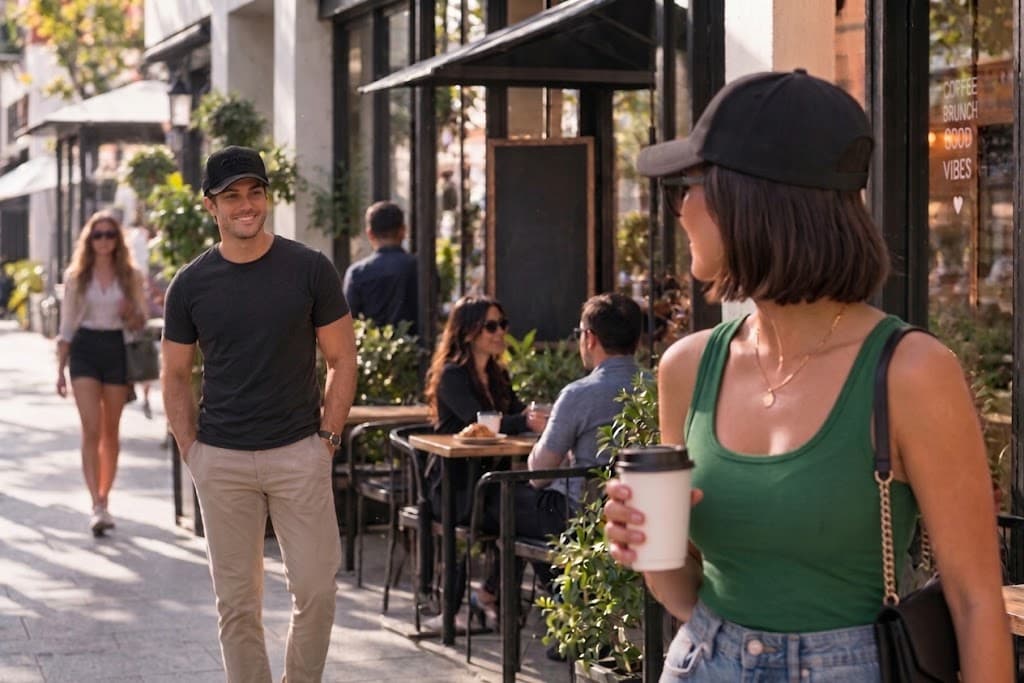 A member noticing another CatchMeOffline cap across a café